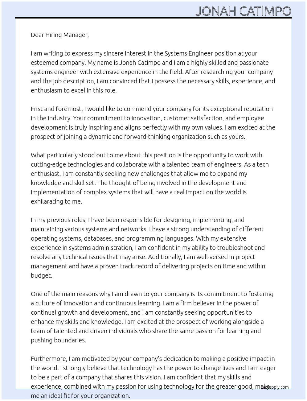 Systems engineer At your Cover Letter