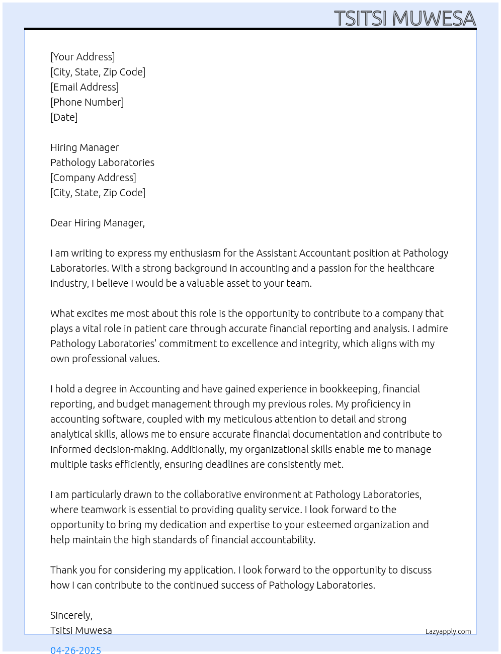 assistant accountant At Pathology Laboratories Cover Letter