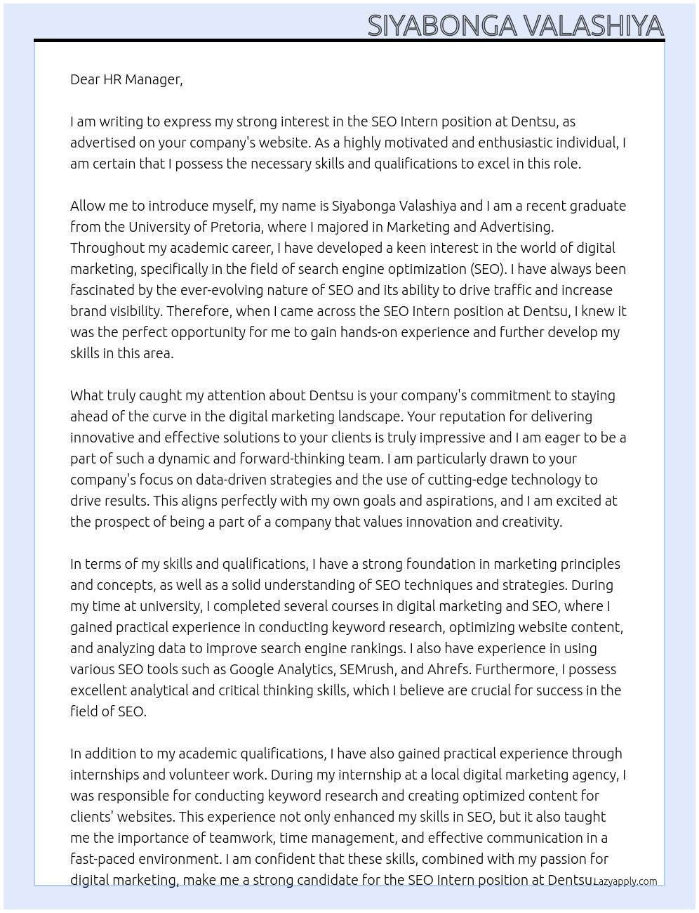 SEO Intern At Dentsu Cover Letter