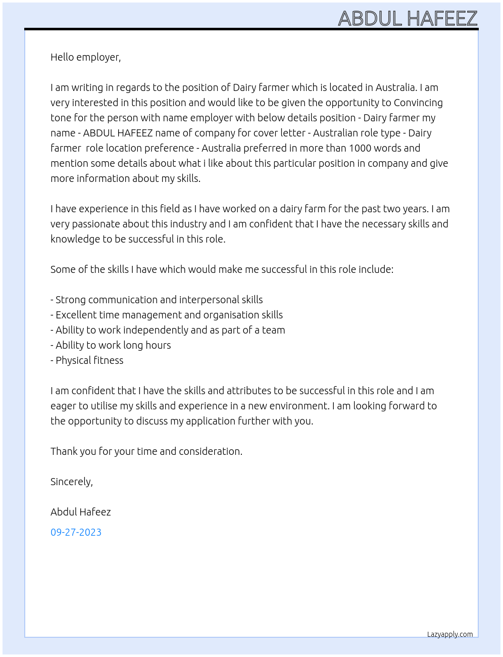 Dairy farmer  At Australian  Cover Letter