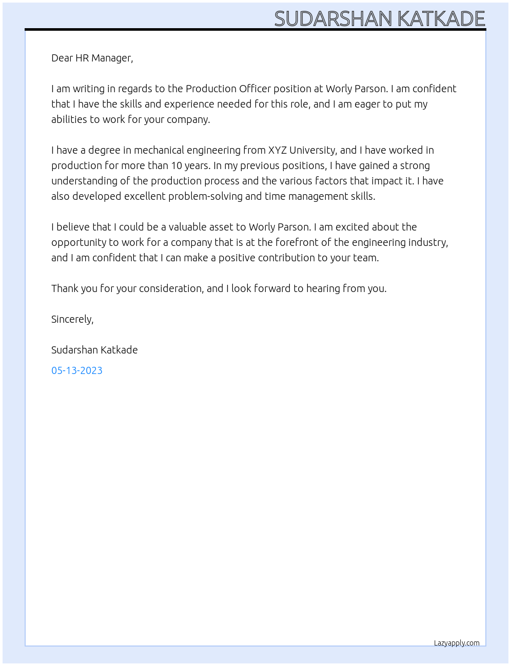 production officer At worly parson Cover Letter