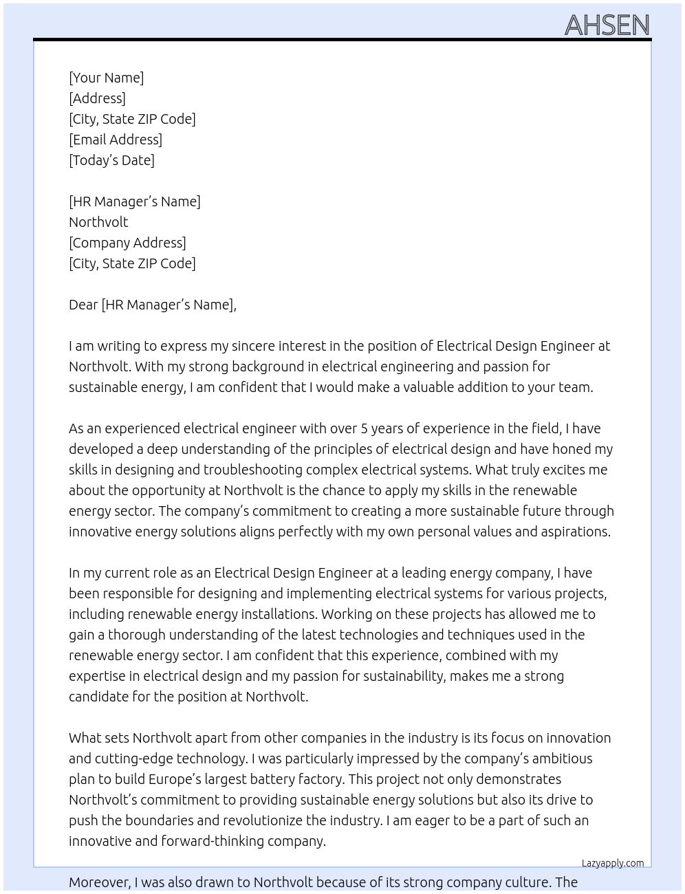 Electrical Design Engineer At Northvolt Cover Letter