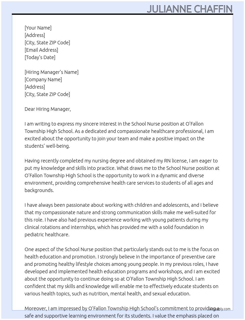 School nurse At O’Fallon Township High School Cover Letter