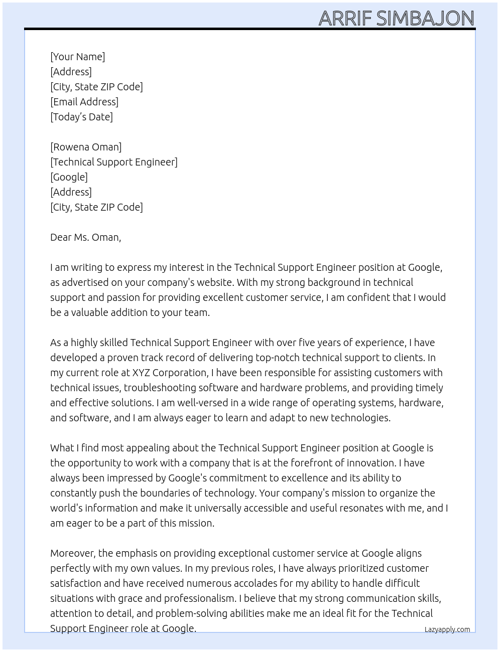 Technical Support Engineer At google Cover Letter