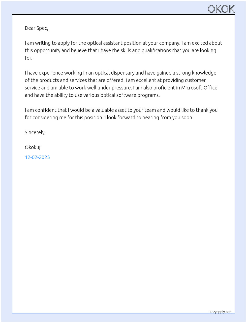 optical assistant At spec Cover Letter