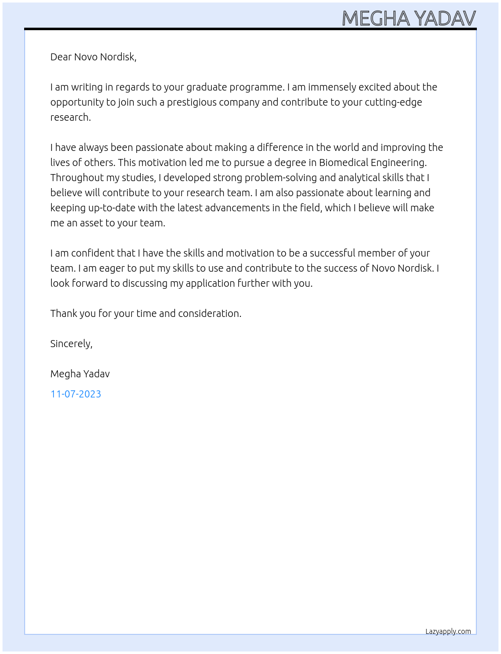 graduate programme At Novo Nordisk Cover Letter