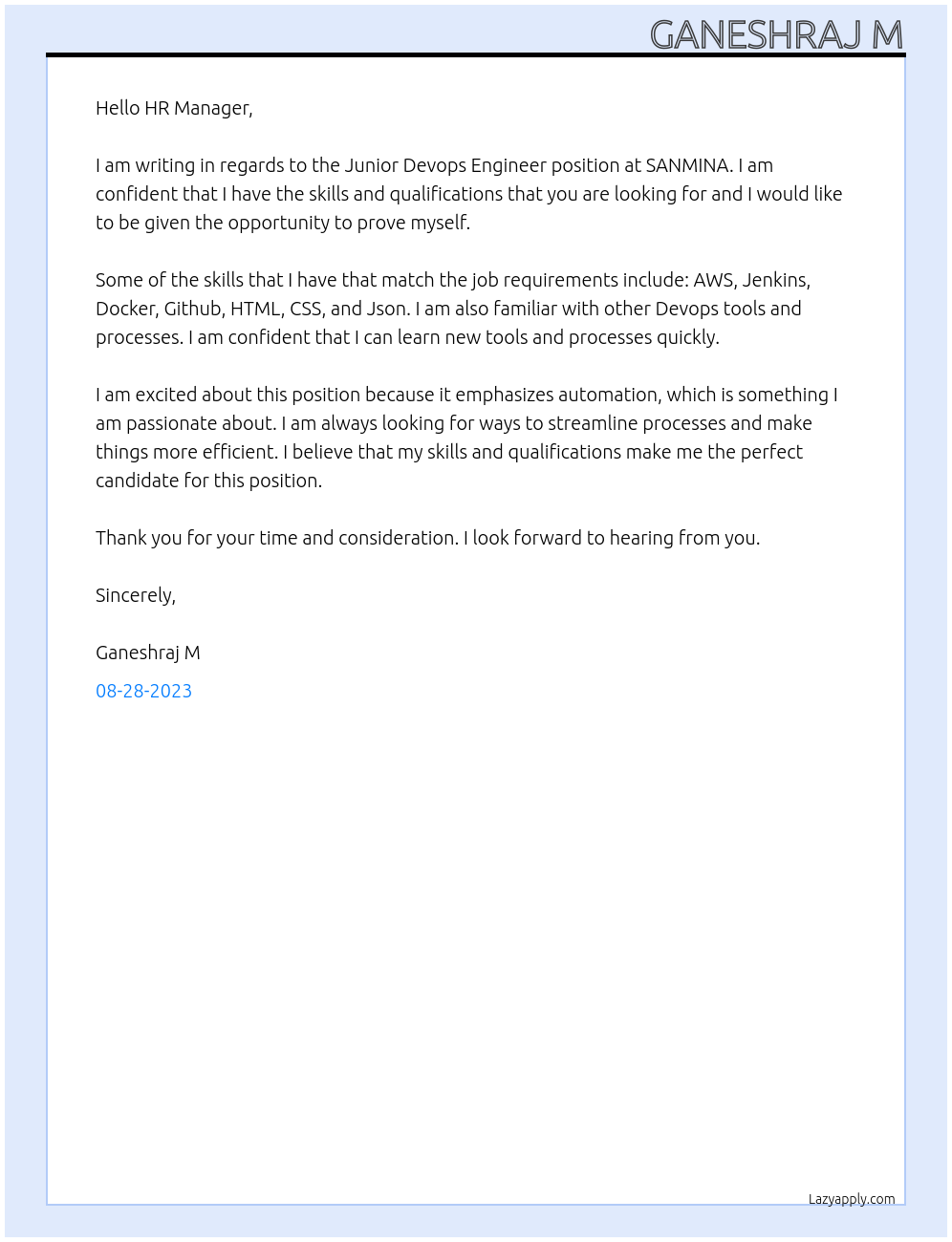 Junior Devops Engineer At SANMINA Cover Letter