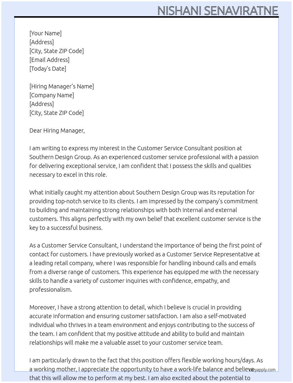 Customer Service Consultant At Southern Design Group Cover Letter