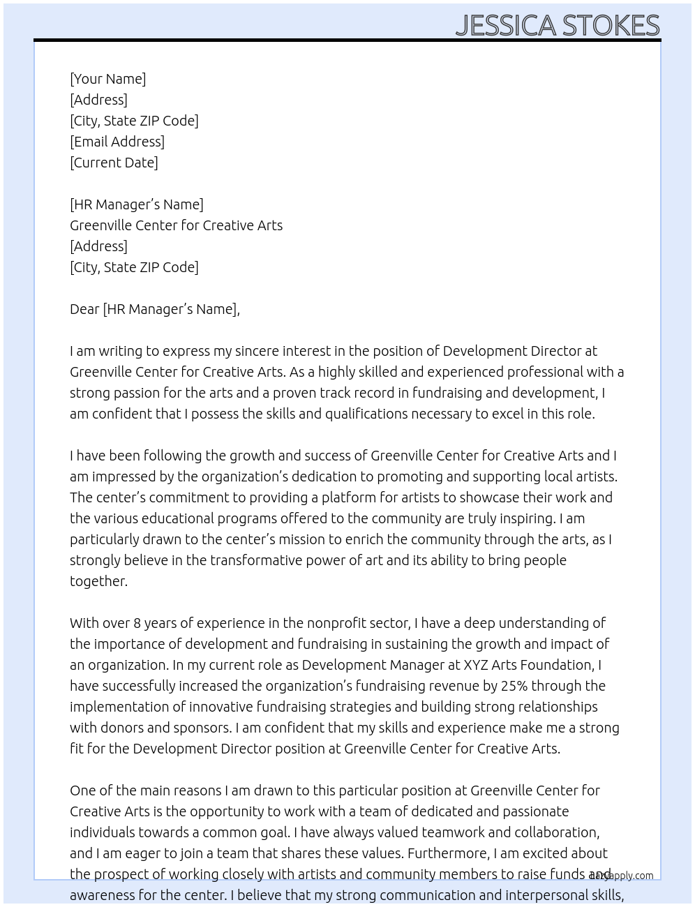 Development Director At Greenville Center for Creative Arts Cover Letter