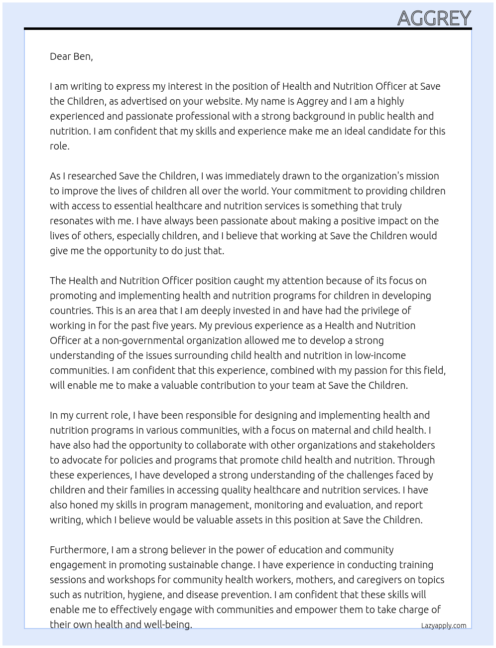 health and nutrition officer  At save the children  Cover Letter