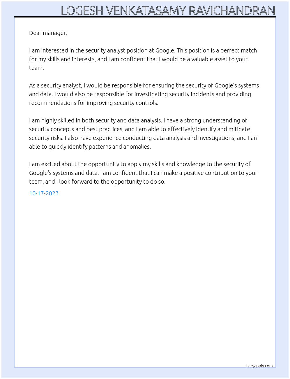 security analyst At google Cover Letter