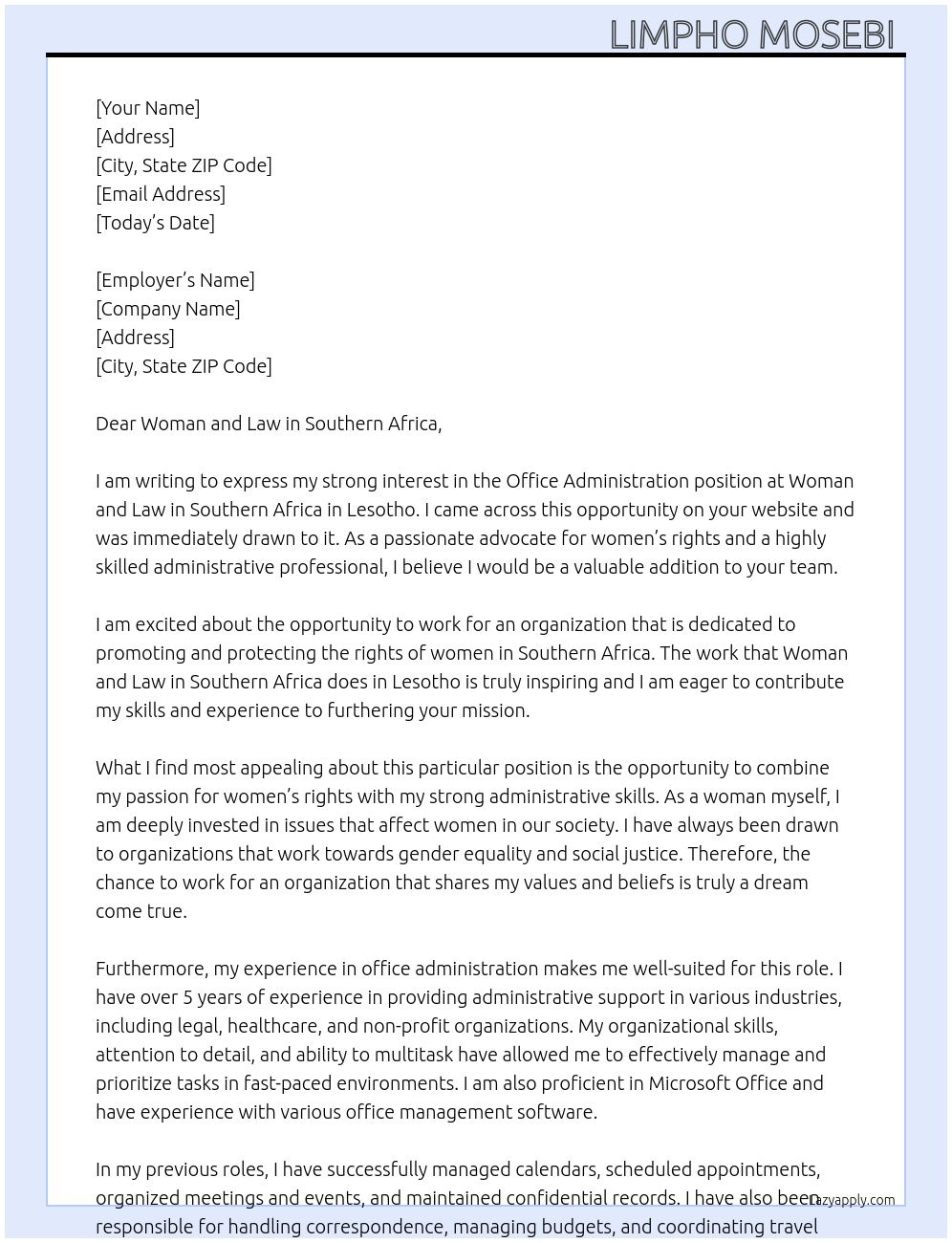 Office Administration  At Woman and Law in Southern Africa  Cover Letter