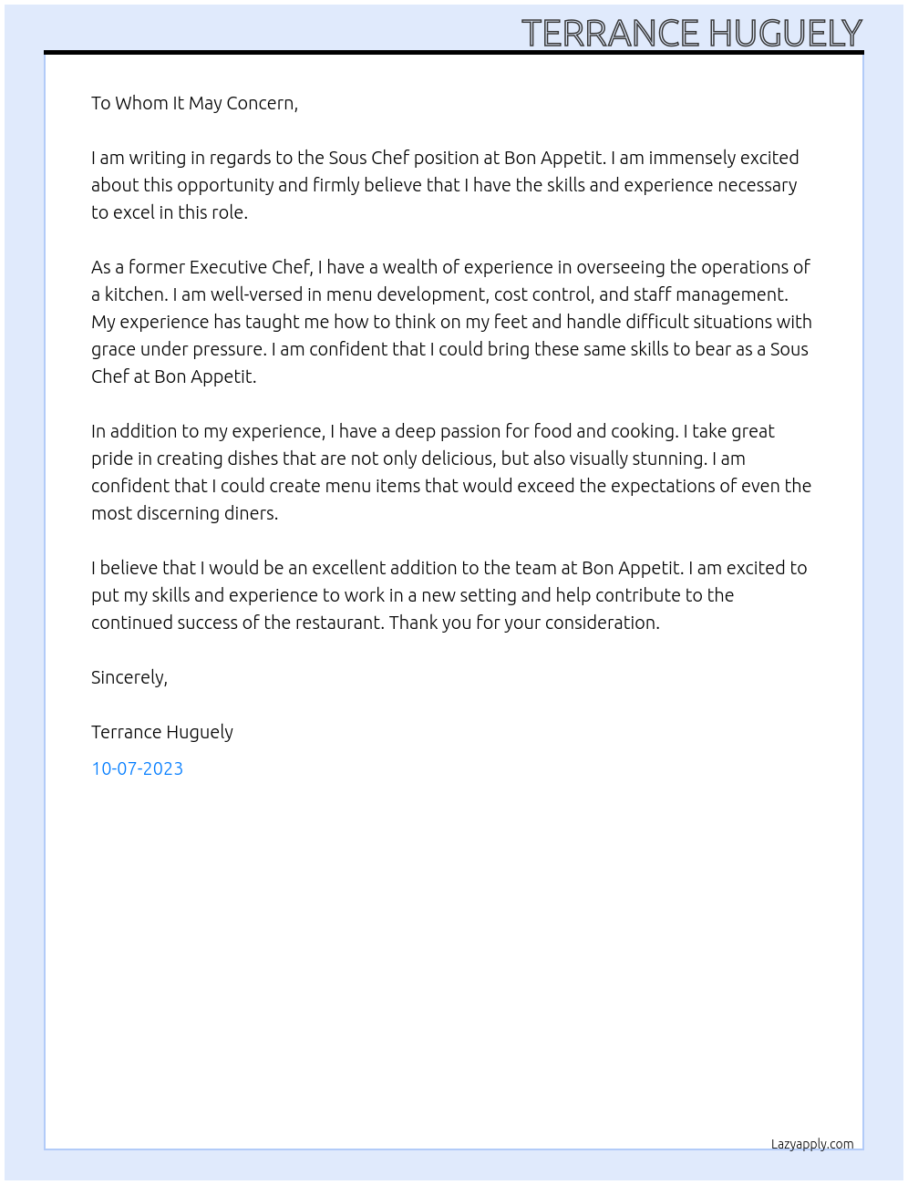 Sous Chef At Bon Appetit Cover Letter