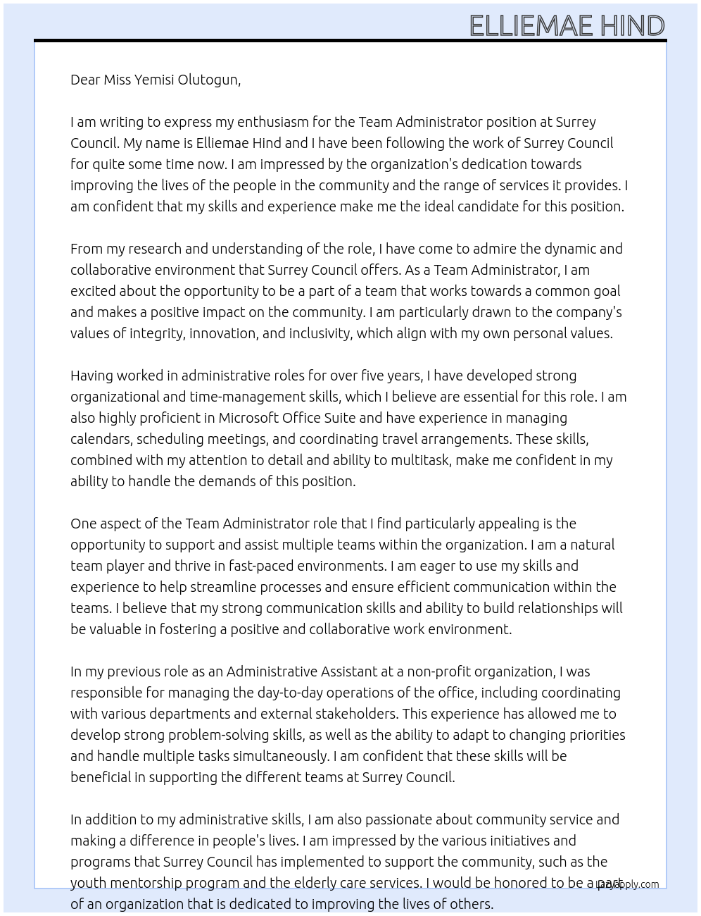Team Administrator At Surrey Council Cover Letter