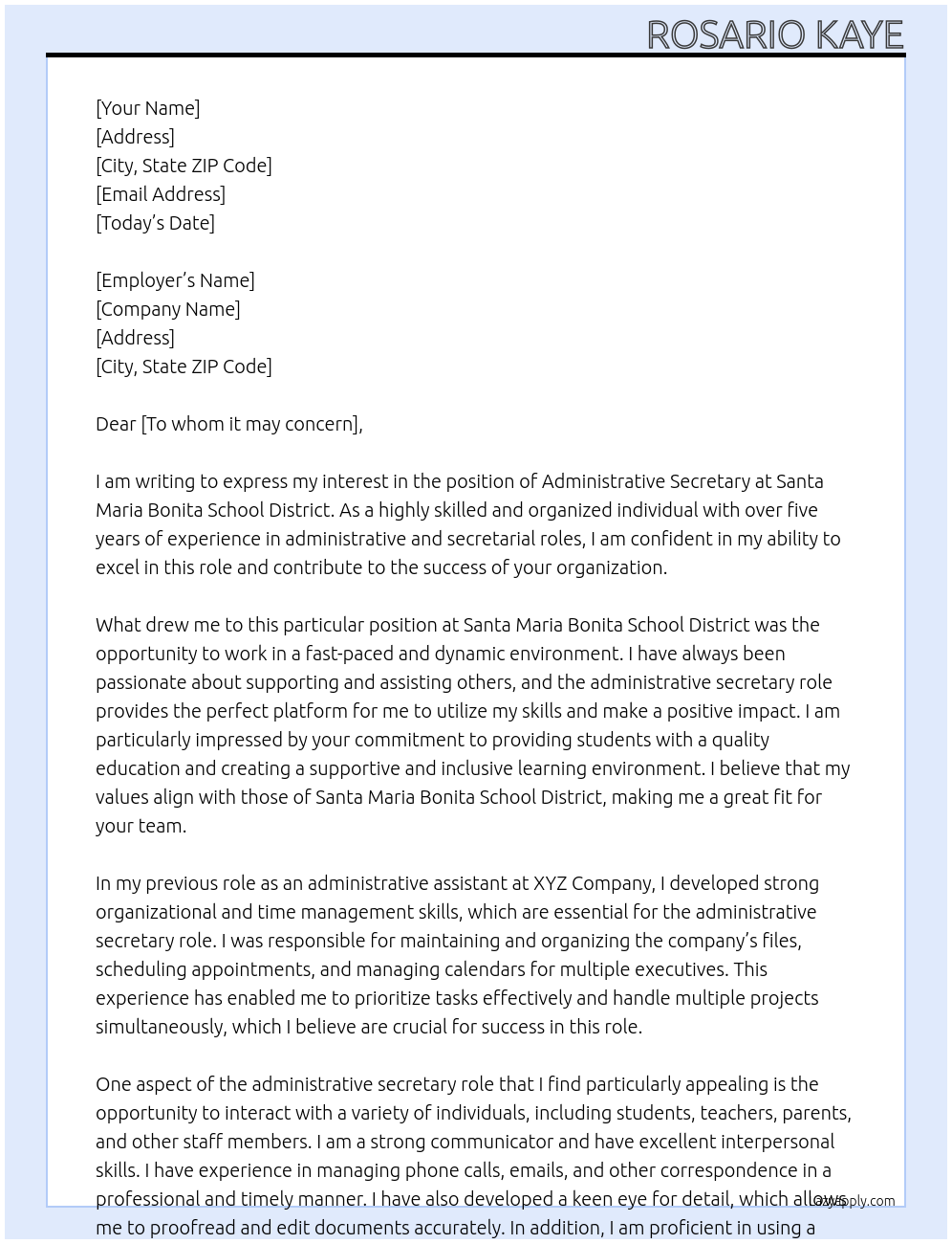 Administrative Secretary At Santa Maria Bonita School District Cover Letter