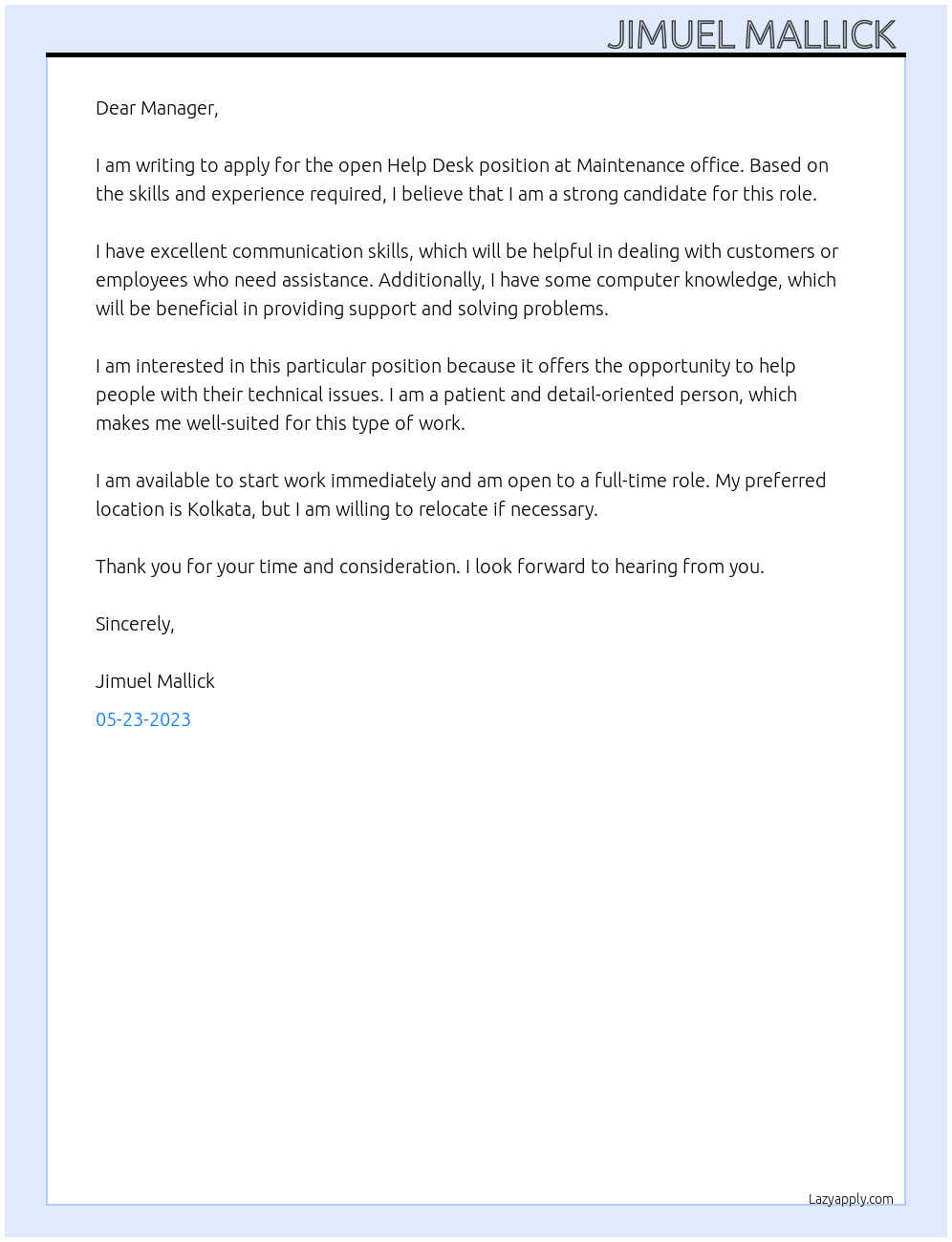 Help desk At Maintenance office Cover Letter
