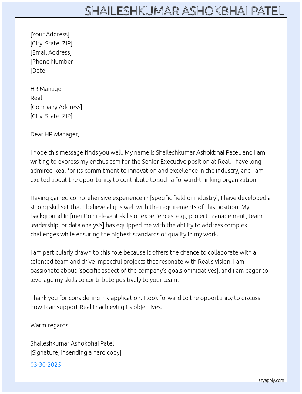 Senior Executive At Real Cover Letter