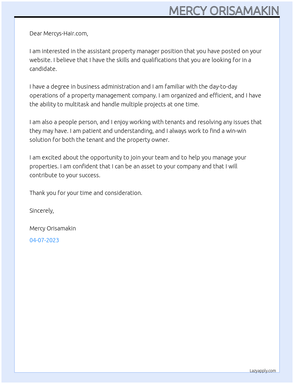 Assistant Property Manager At Mercys-Hair.com Cover Letter