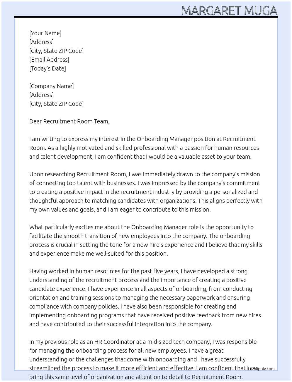 Onboarding Manager At Recruitment Room Cover Letter