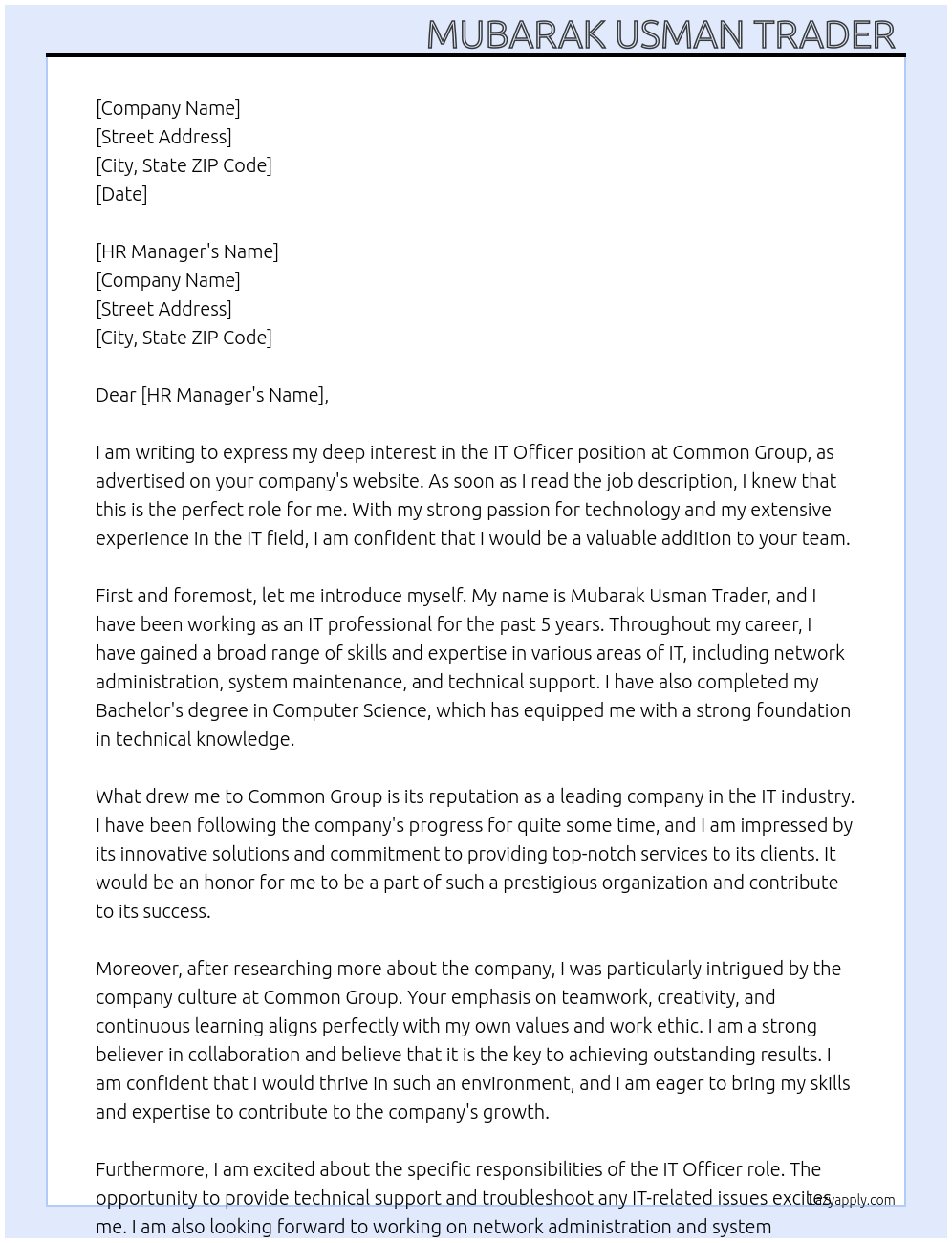 IT officer At Common group Cover Letter