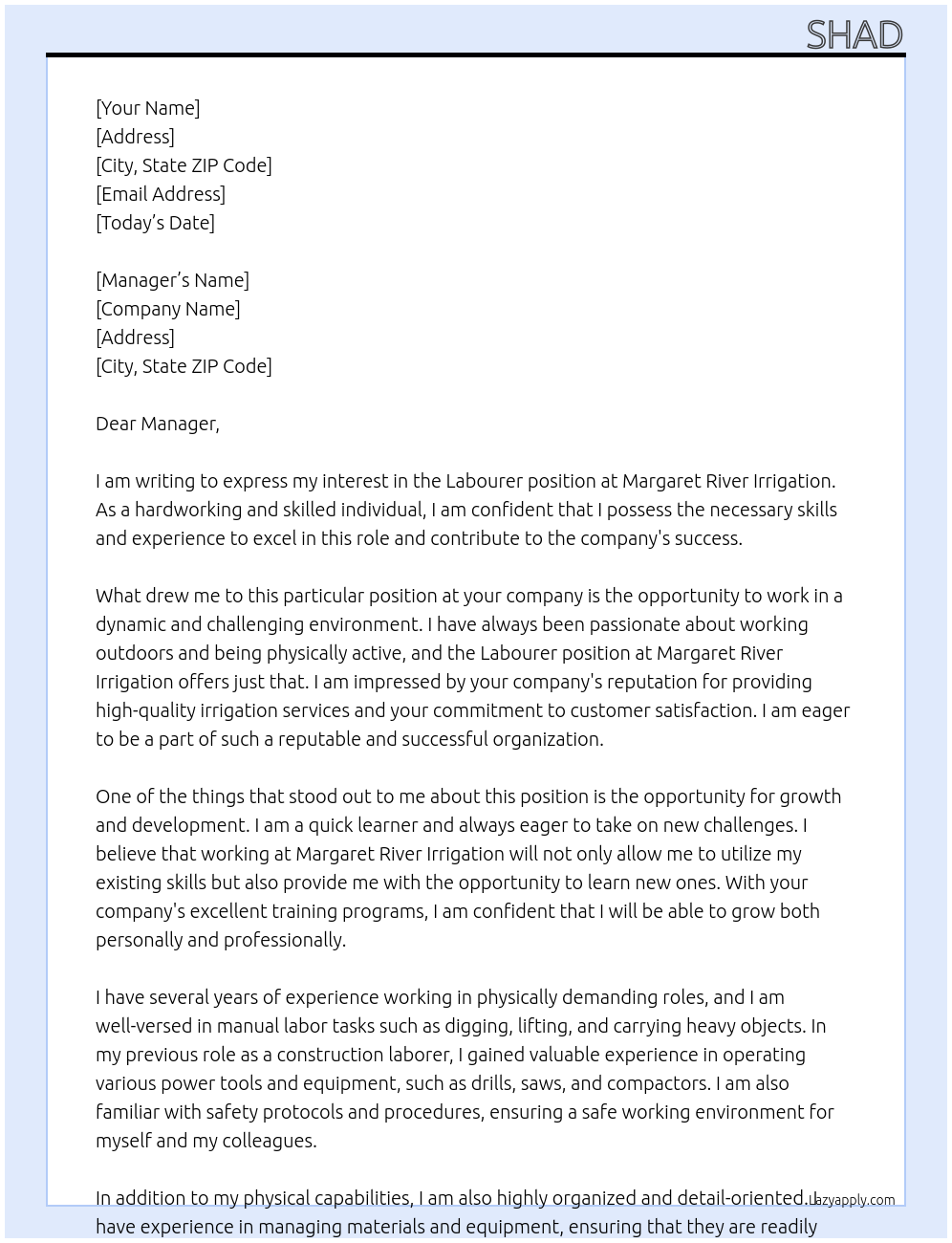 Labourer At Margaret River Irrigation Cover Letter