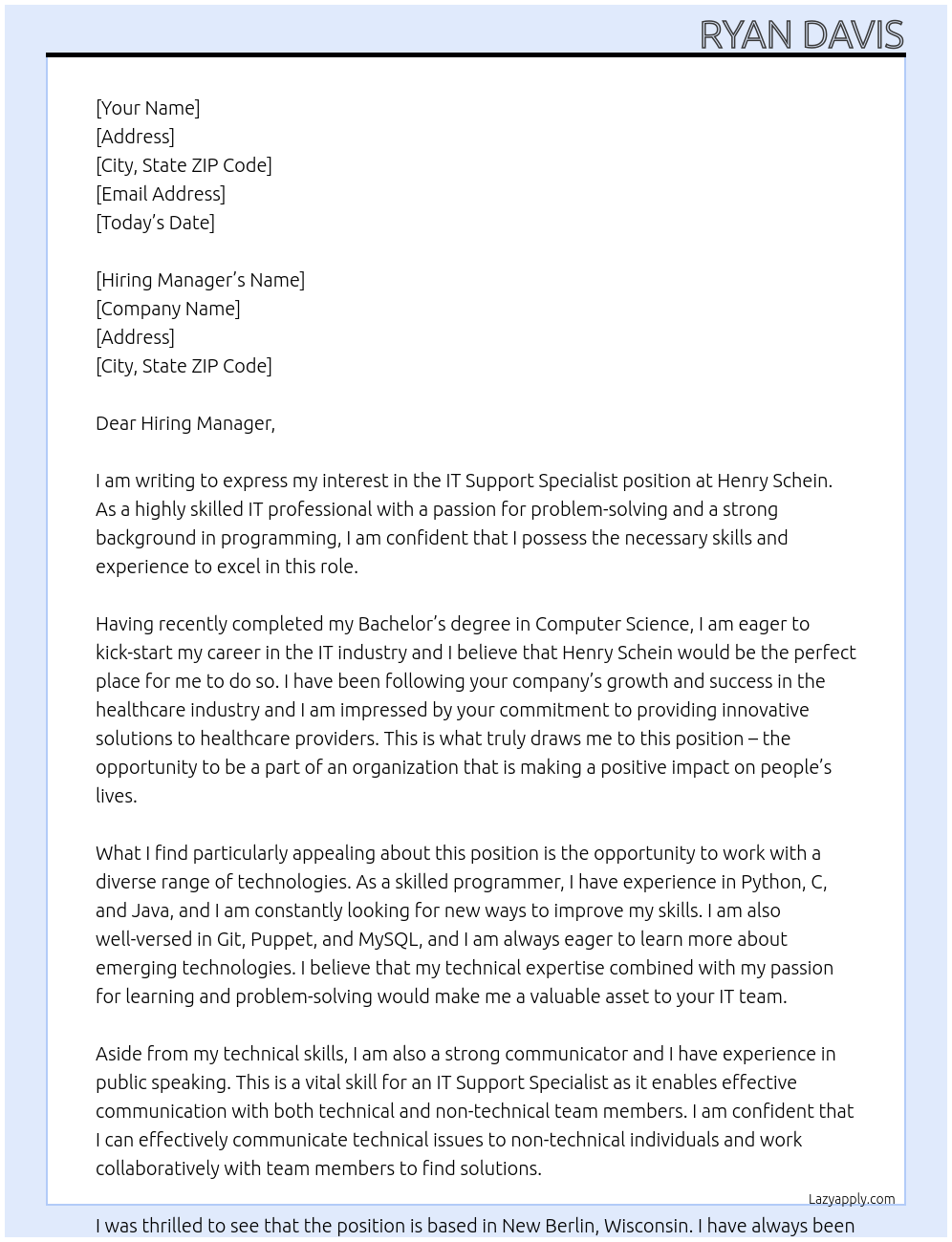 IT Support Specialist At Henry Schein Cover Letter