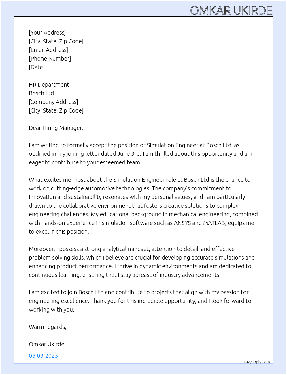 Simulation Engineer At Bosch Ltd Cover Letter