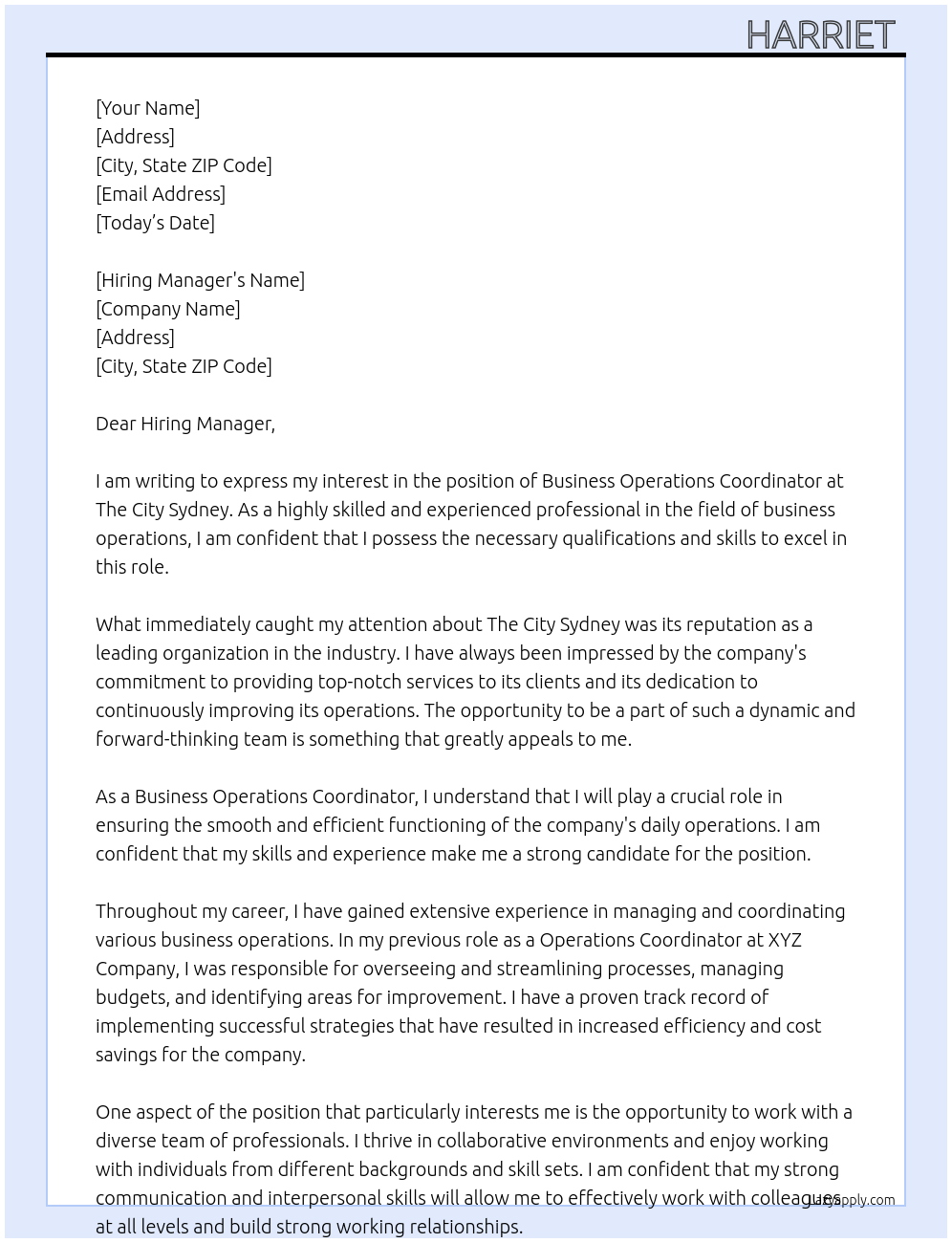 BUSINESS OPERATIONS COORDINATOR  At The City Sydney  Cover Letter