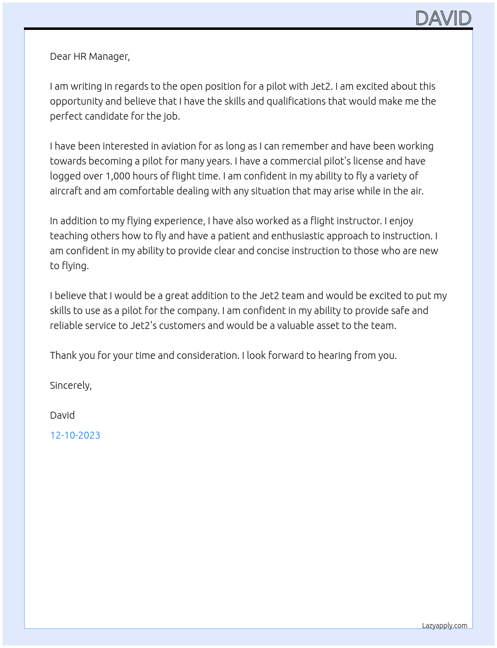 Pilot At Jet2 Cover Letter