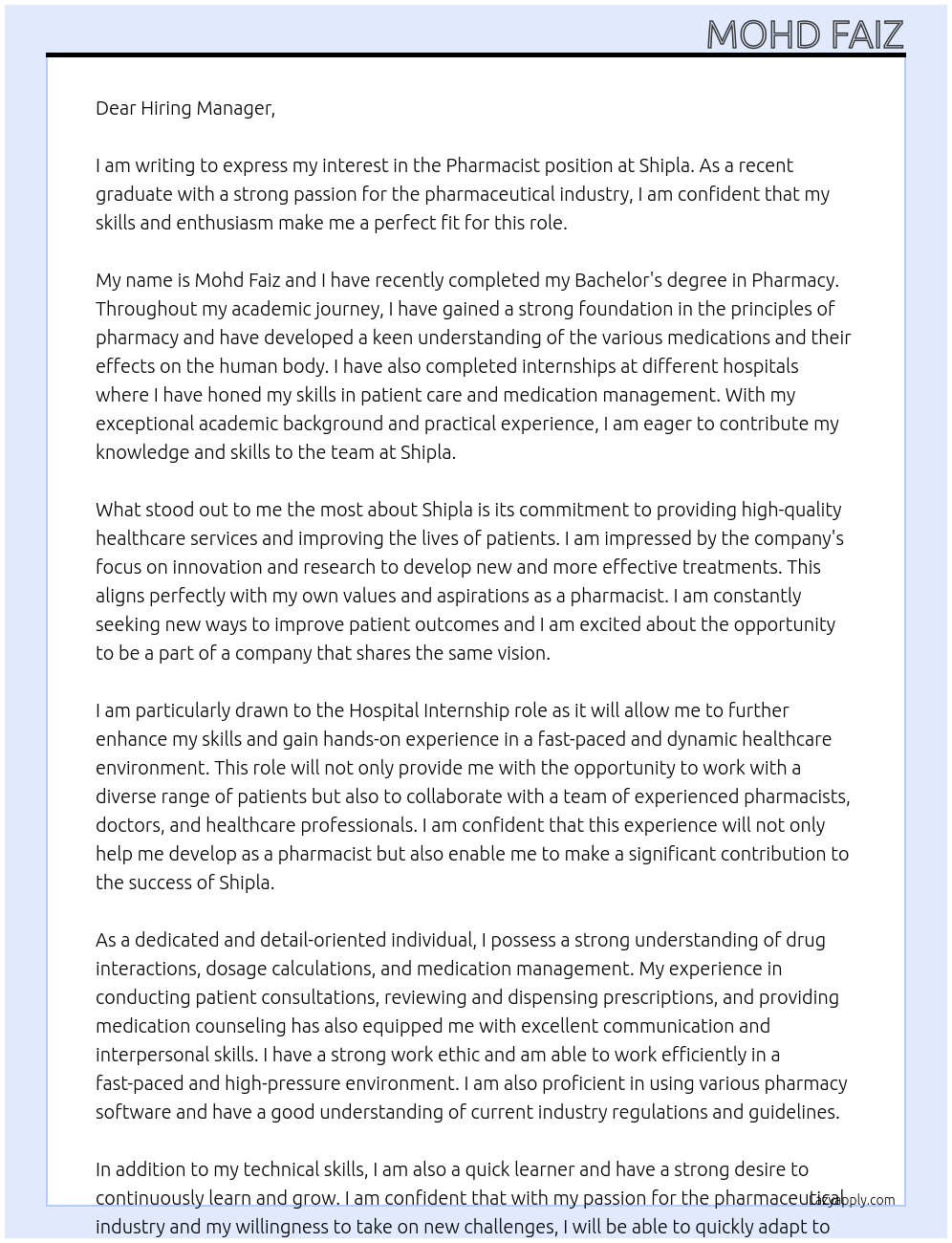 Pharmacist At Shipla Cover Letter