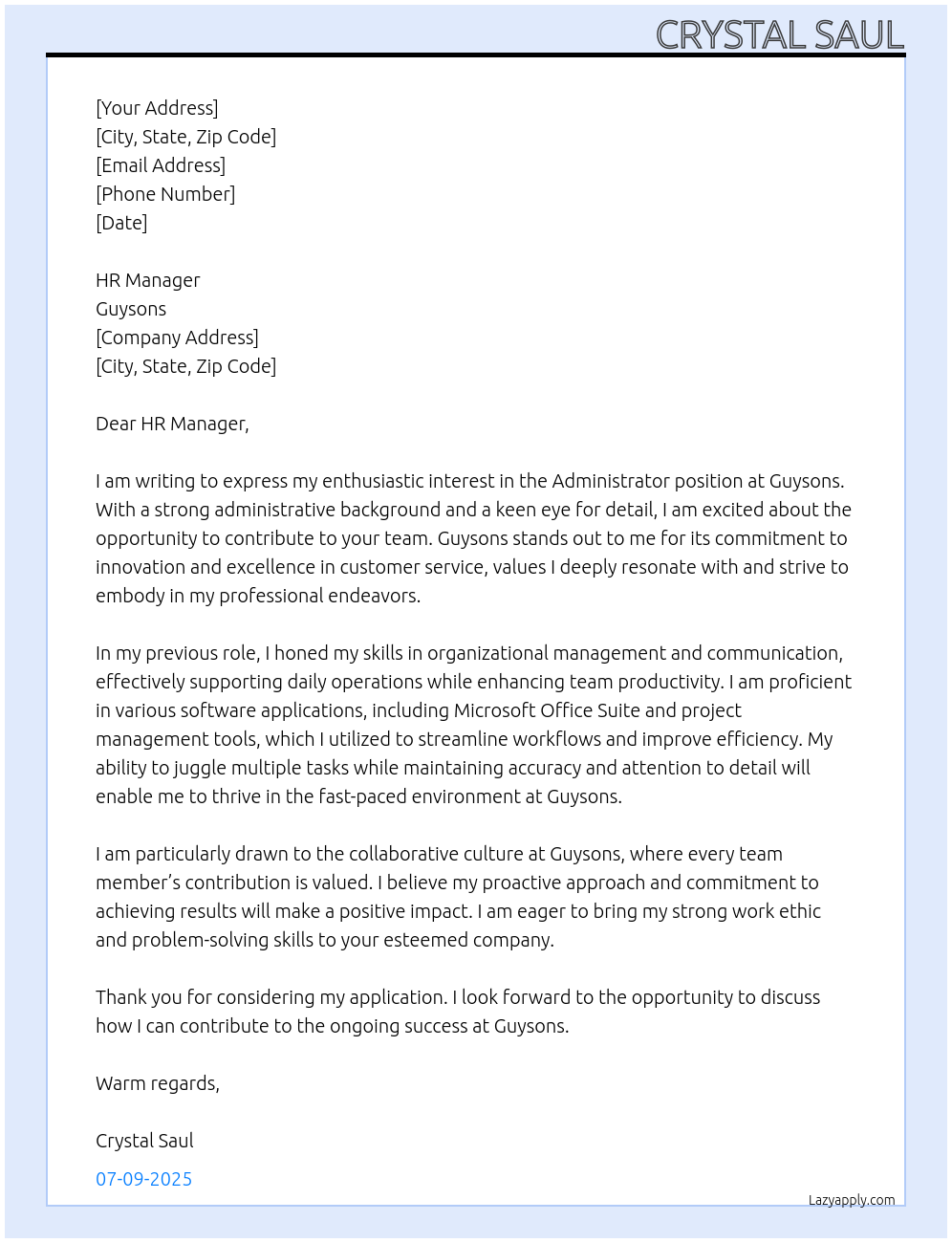 Administrator  At Guysons Cover Letter