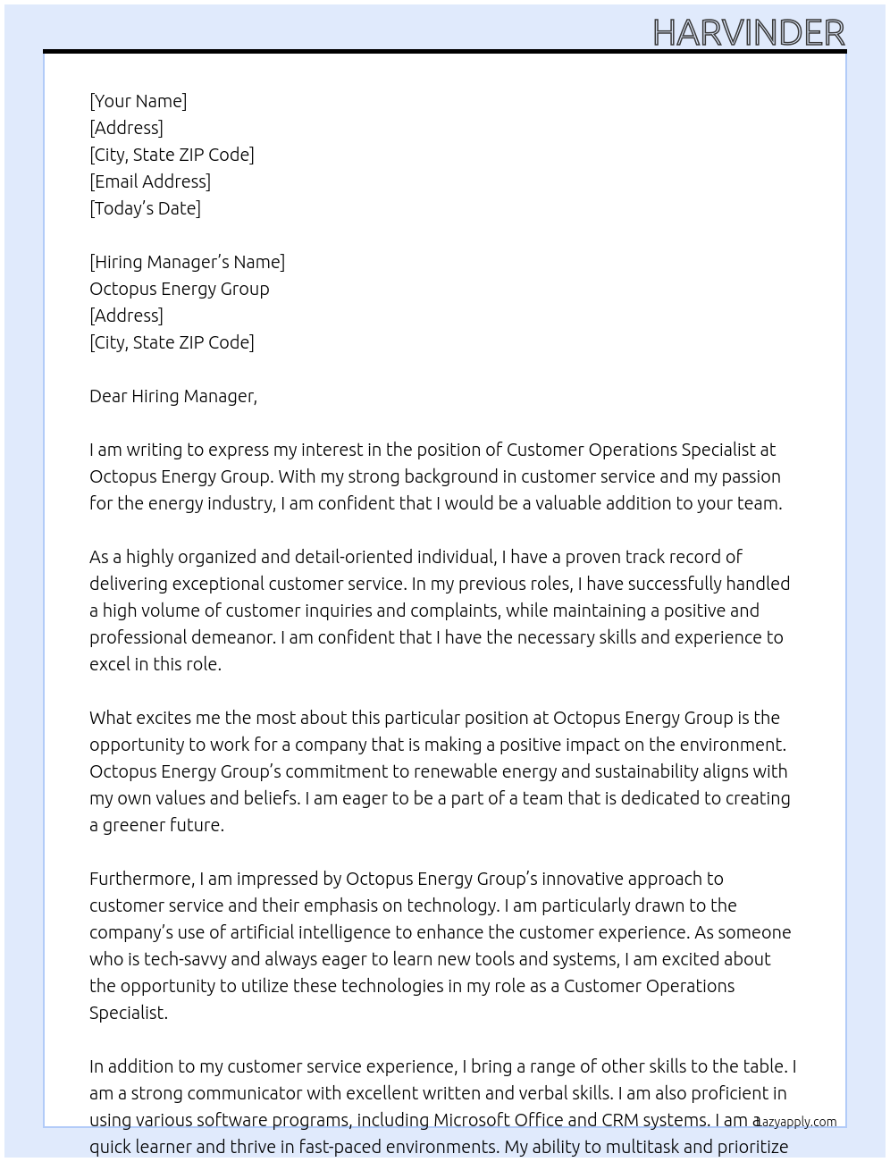 Customer Operations Specialist At Octopus Energy Group Cover Letter
