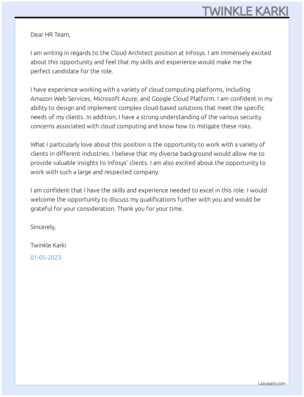 Cloud Architect At Infosys Cover Letter