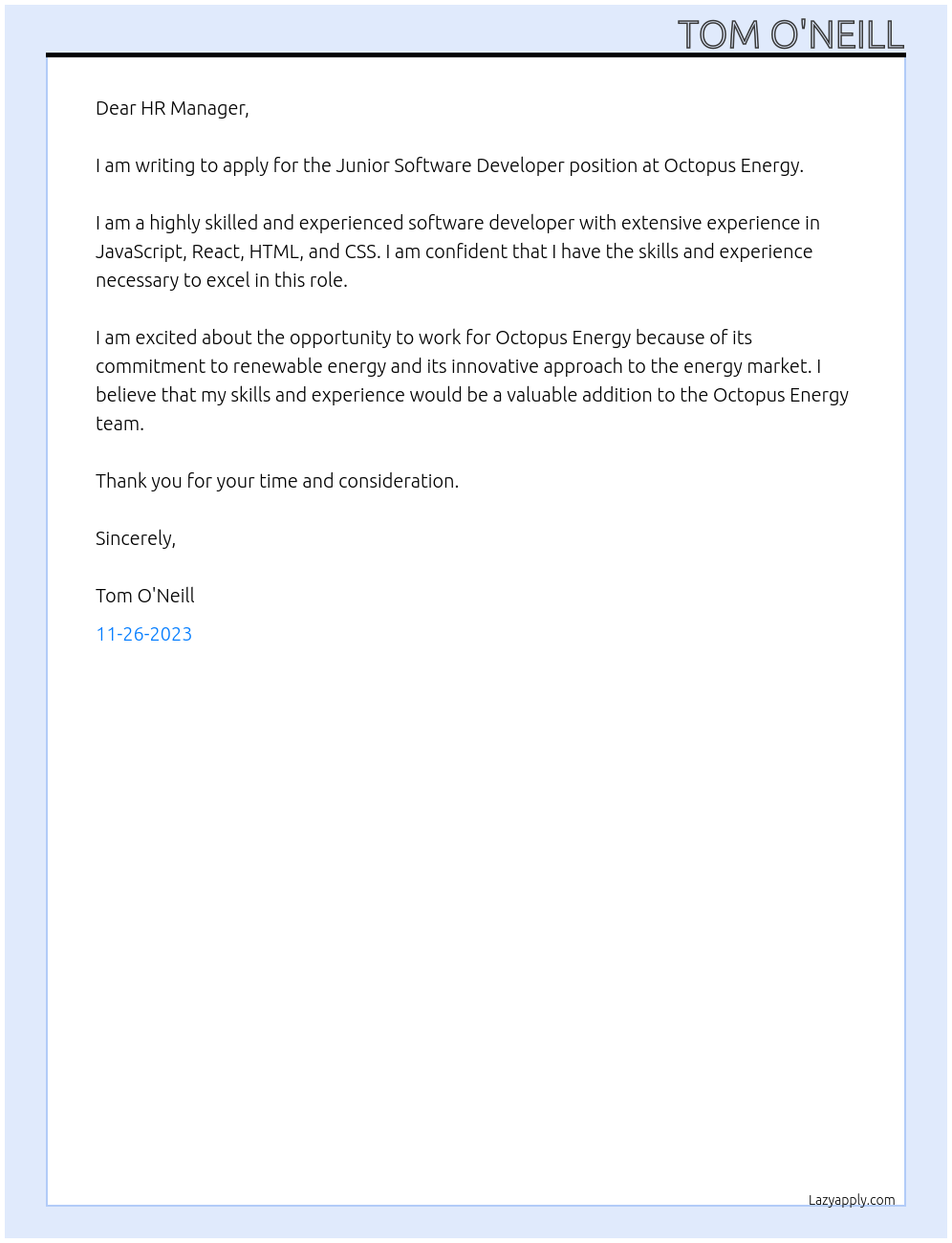Junior Software Developer At Octopus Energy Cover Letter