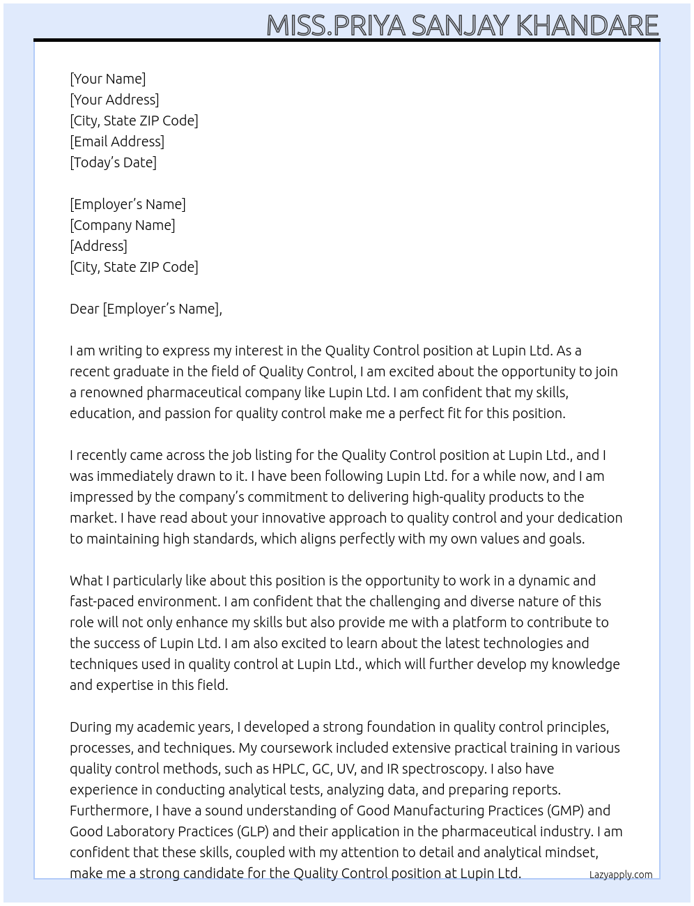 quality control At Lupin Ltd. Cover Letter