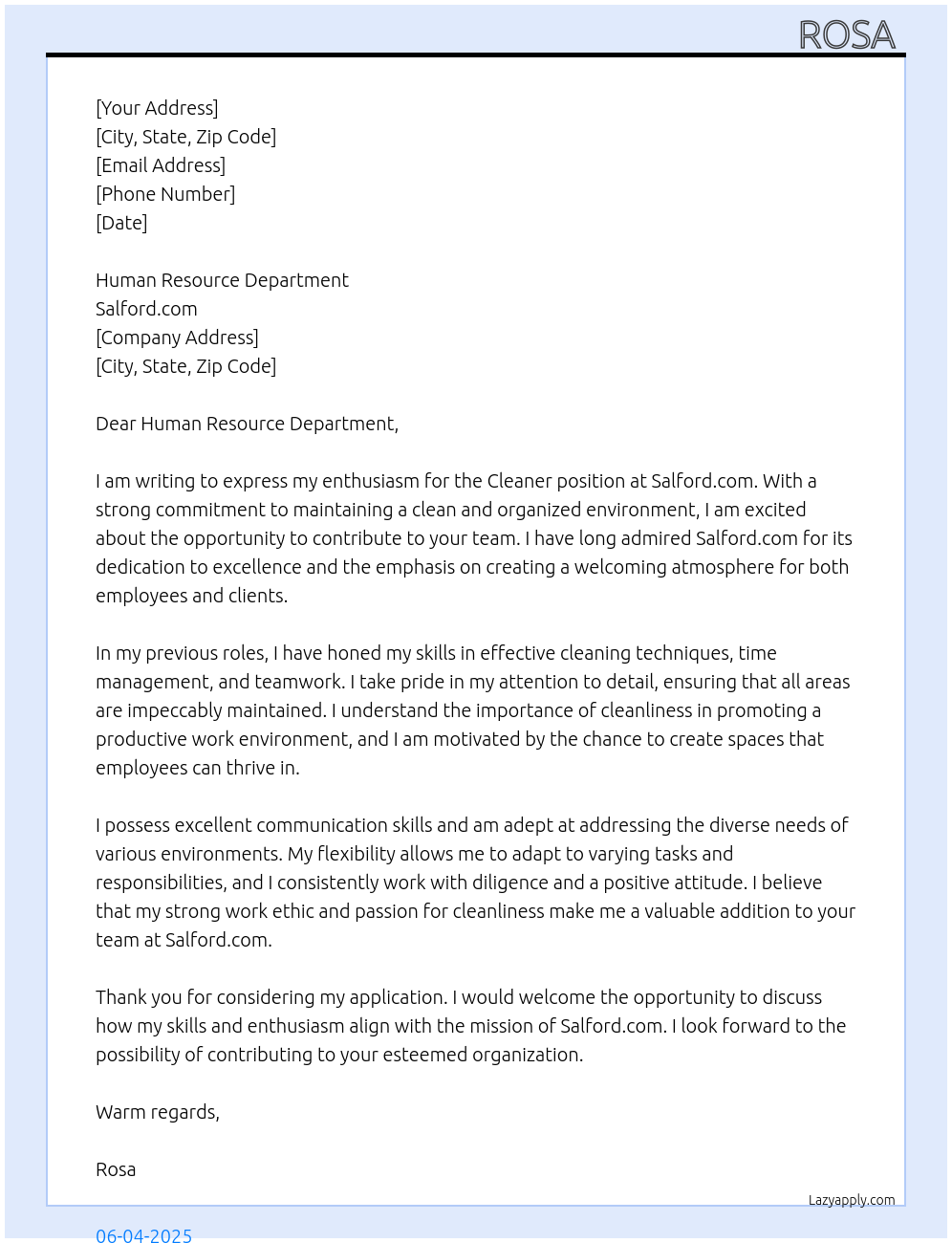 Cleaner At Salford.com Cover Letter