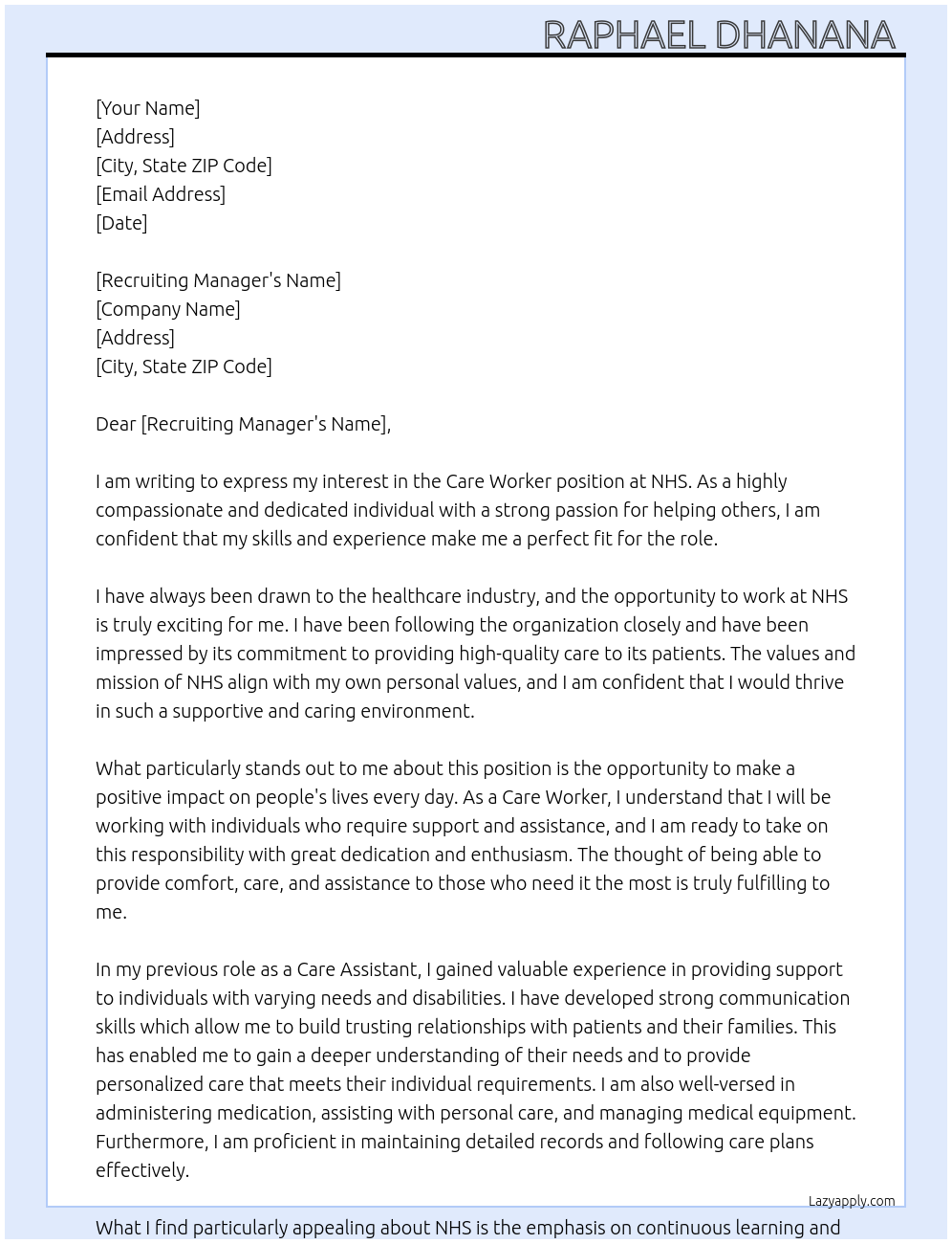 care worker  At NHS Cover Letter