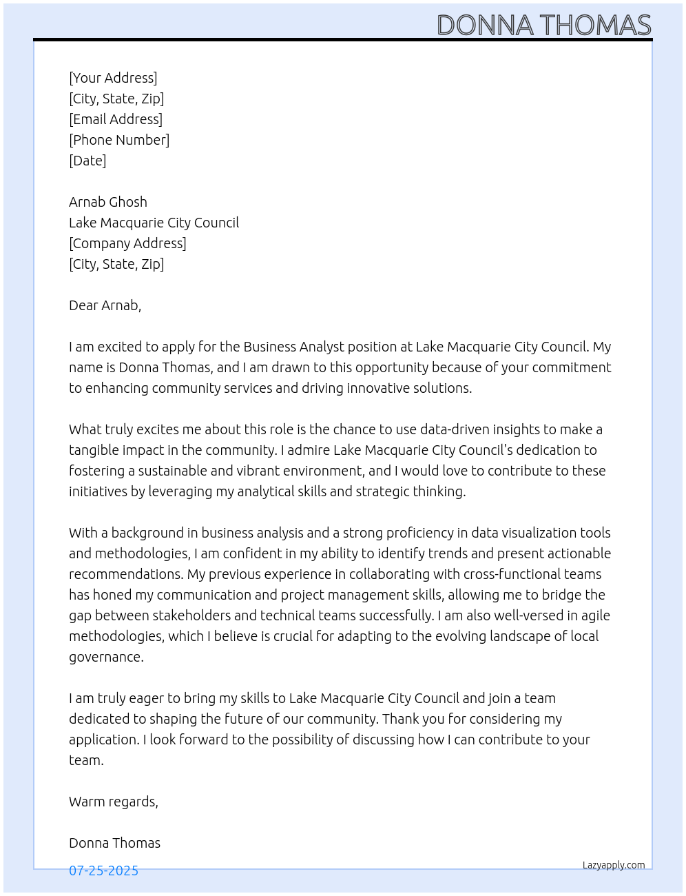 Business Analyst At Lake Macquarie City Council Cover Letter