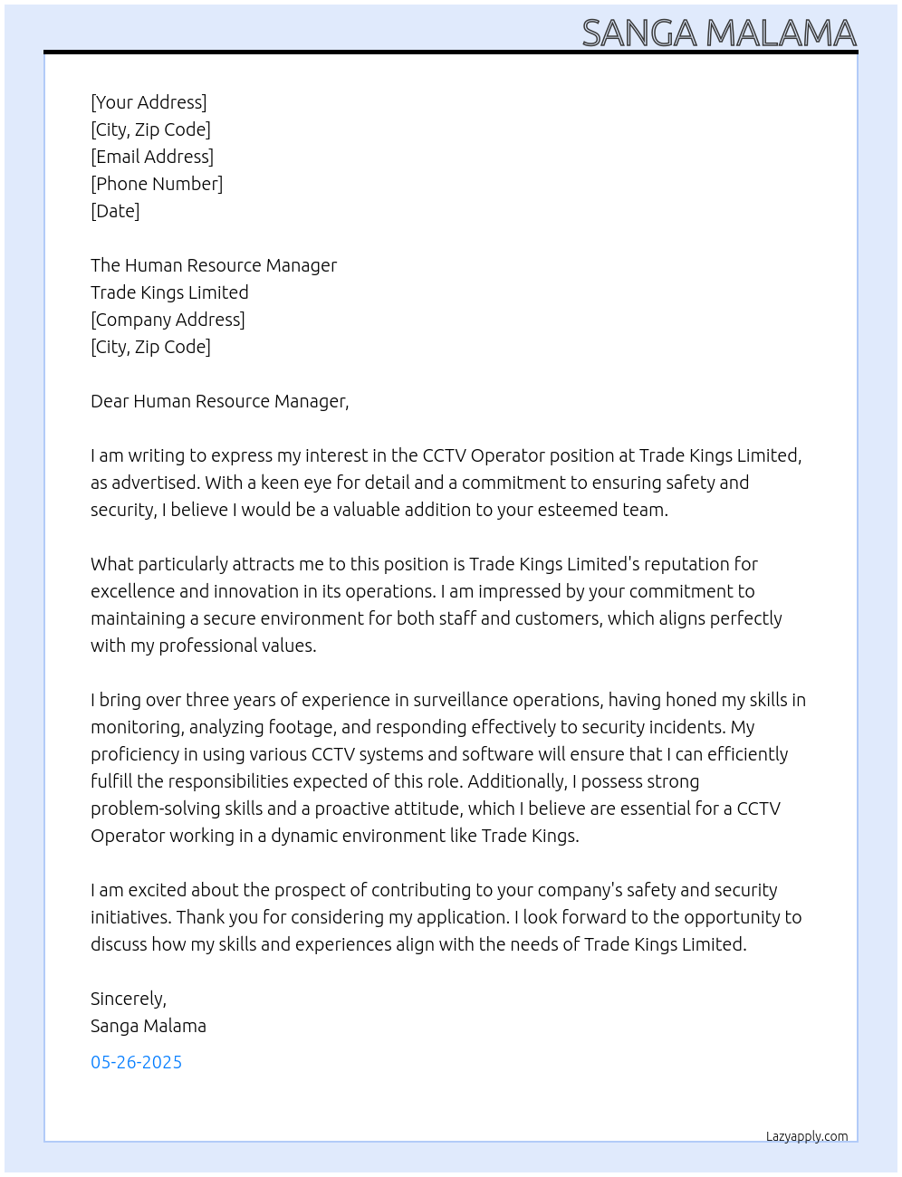 CCTV Operator At Trade Kings Limited Cover Letter