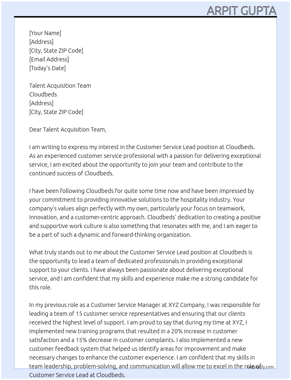 Customer Service lead At Cloudbeds Cover Letter