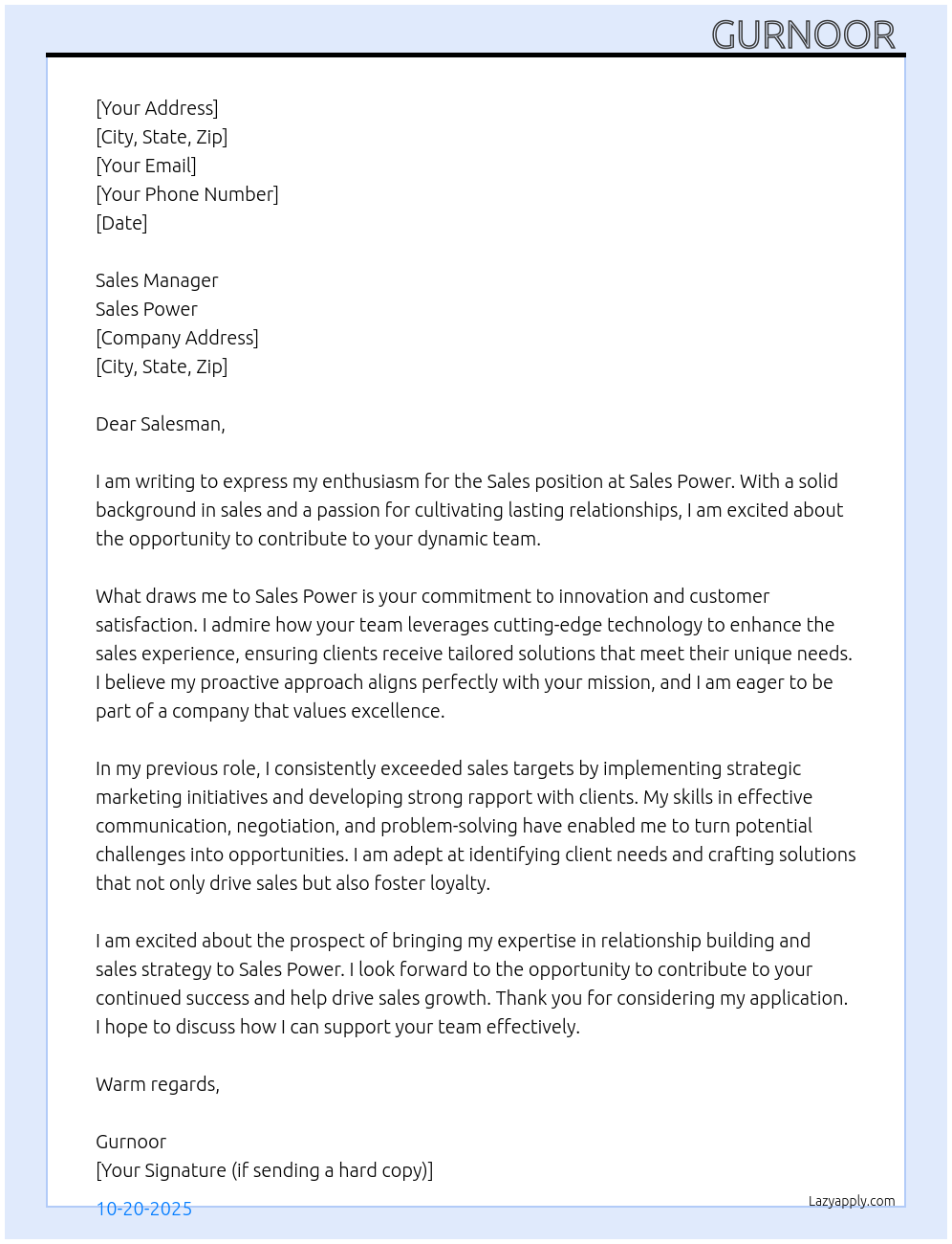 Sales  At Sales power Cover Letter