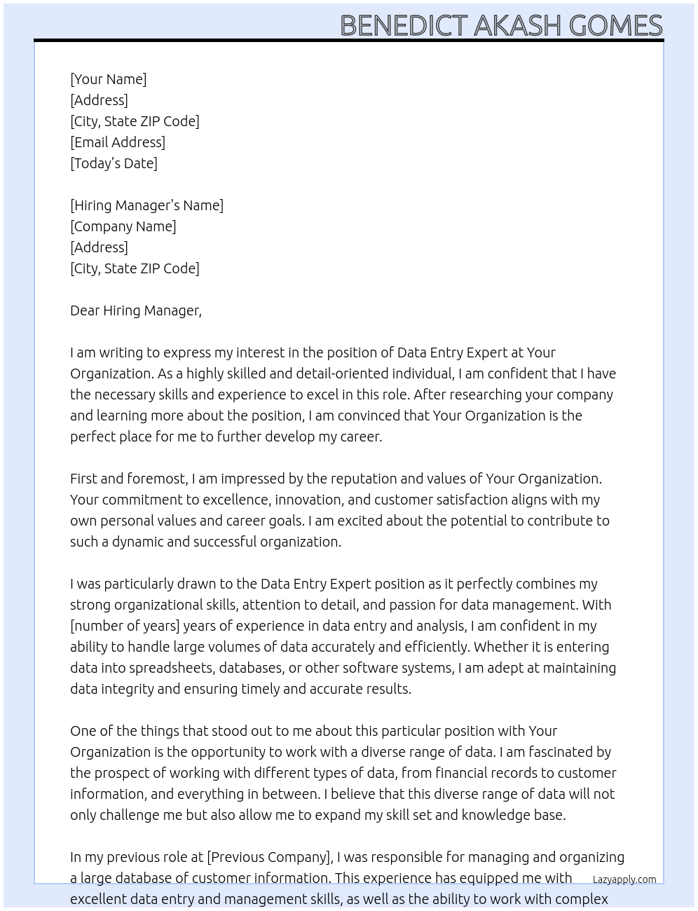 Data Entry Expert At Your organization Cover Letter