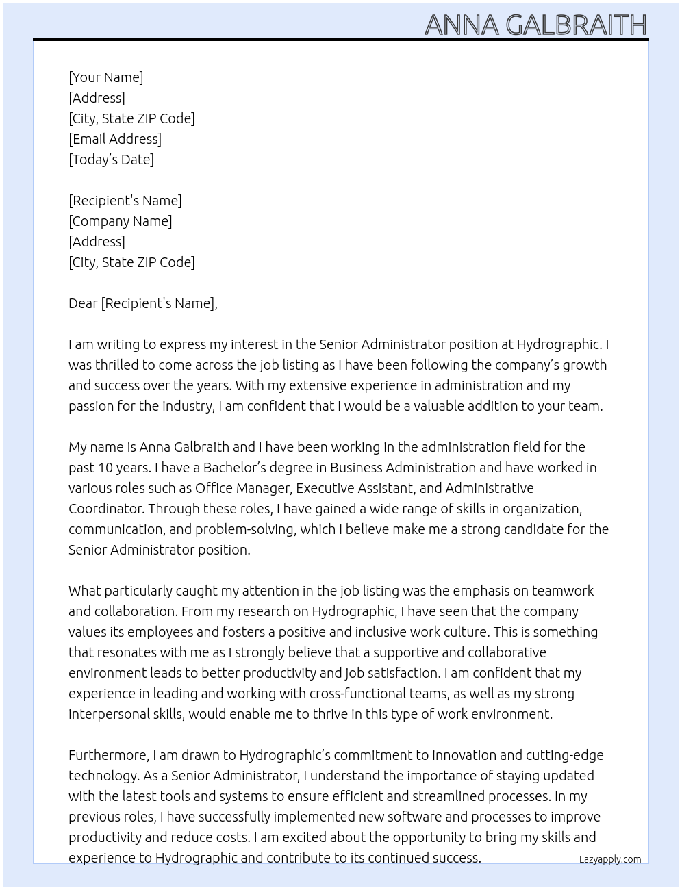 senior administrator At hydrographic Cover Letter