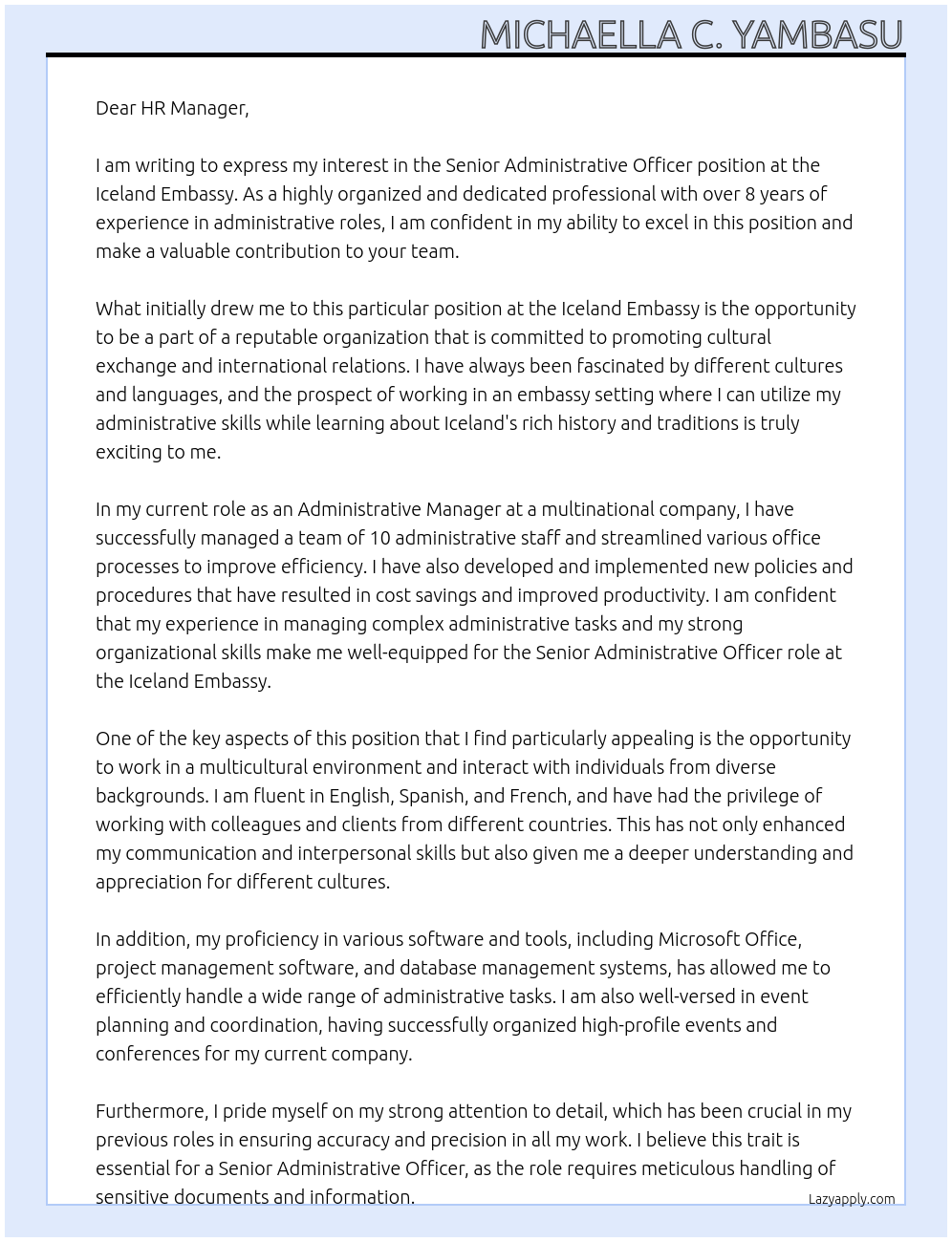 Senior Administrative officer At Iceland Embassy Cover Letter