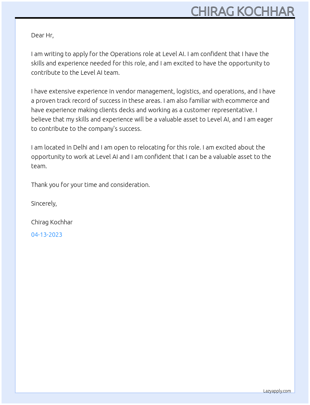 Operations At Level AI Cover Letter