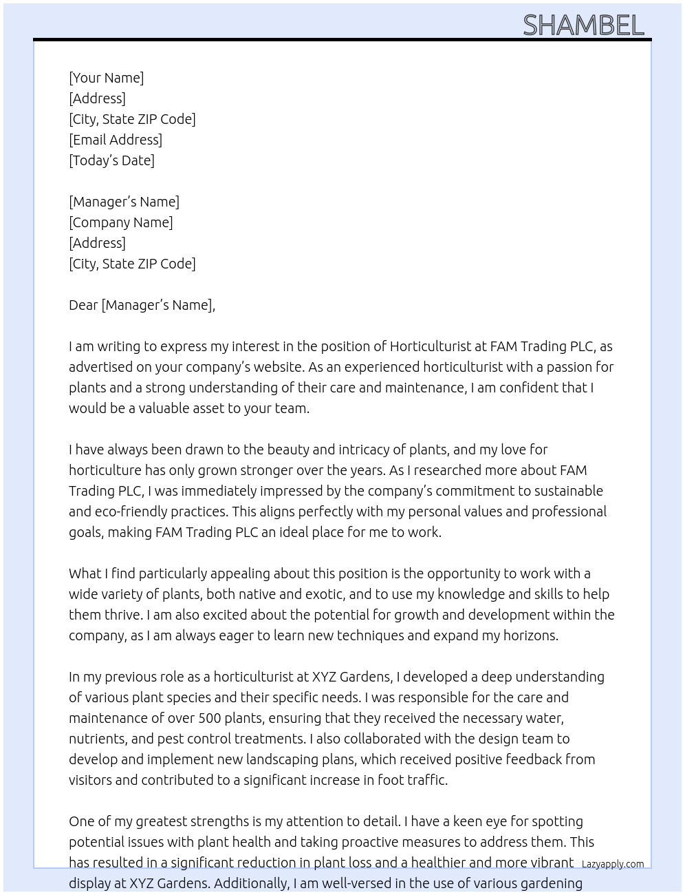 Horticulturist  At FAM Trading PLC Cover Letter