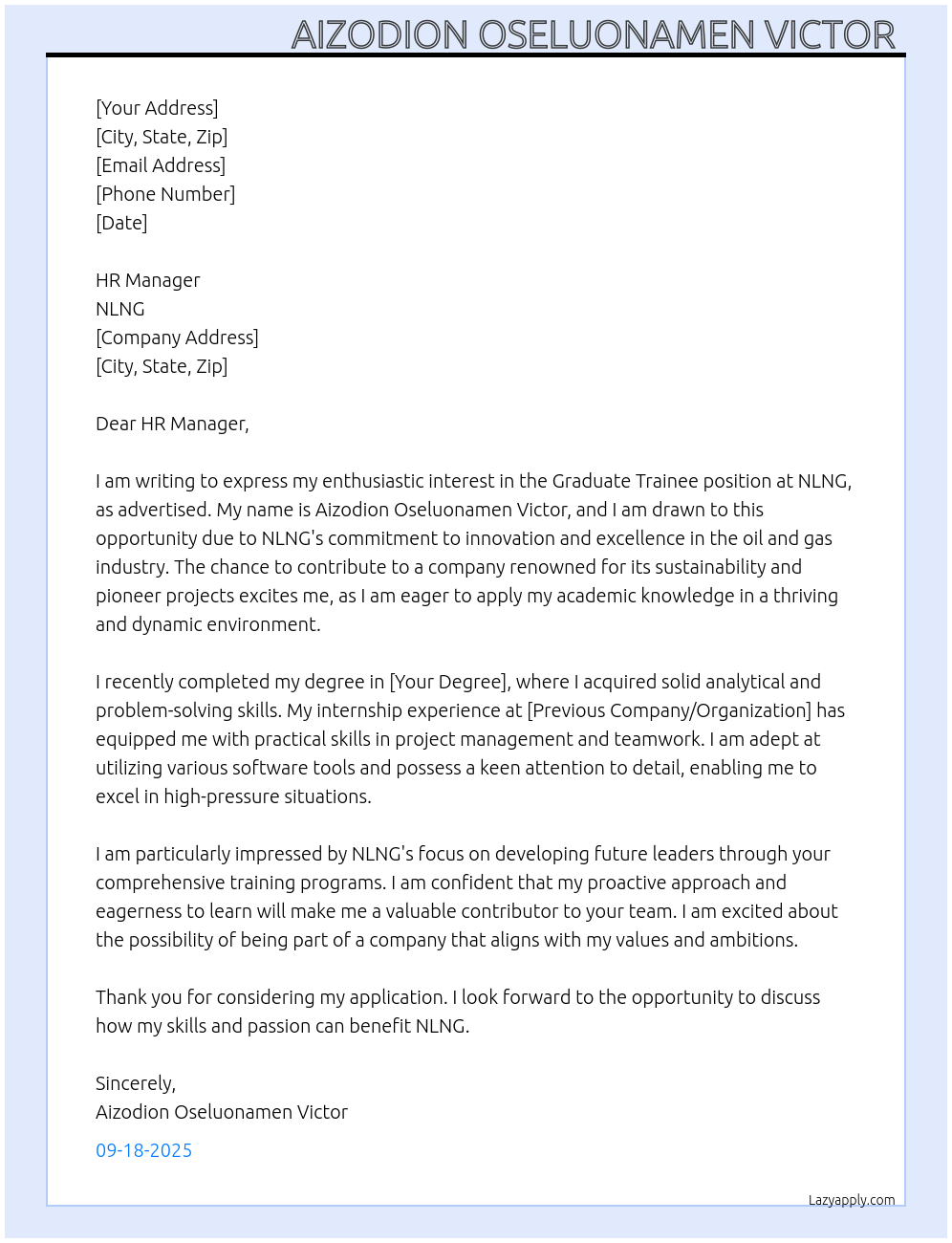 Graduate Trainee  At Nlng Cover Letter