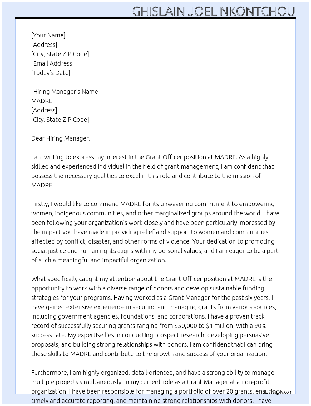 Grant Officer At MADRE Cover Letter