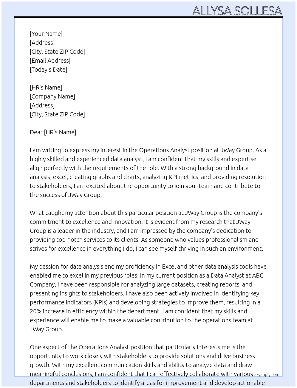 Operations Analyst At JWay Group Cover Letter