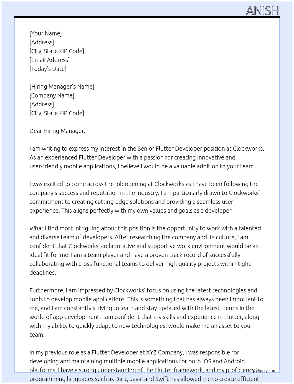 Senior Flutter Developer At Clockworks Cover Letter